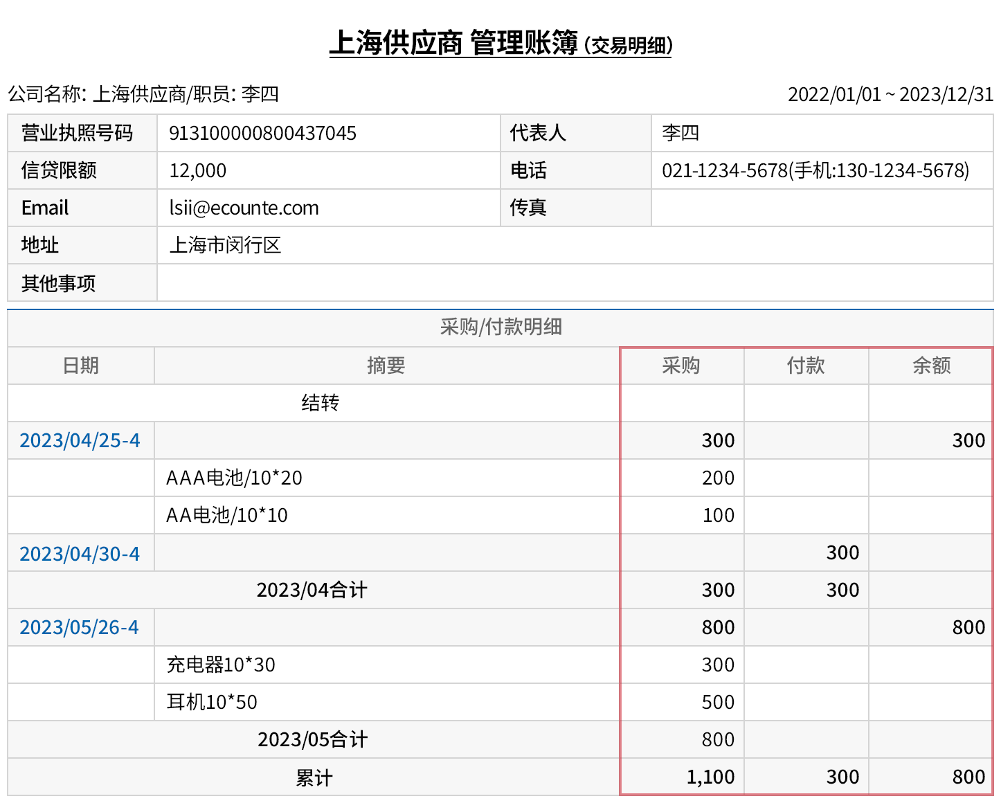 采购明细自动反映在债务金额
