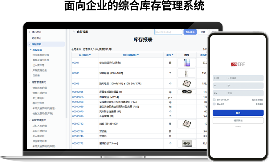 亿看ERP电脑移动端库存管理界面，多仓库同步管理，联动产销财务全流程数据
