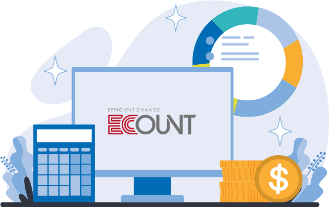 亿看ERP标志插画，配有财务和数据相关图标