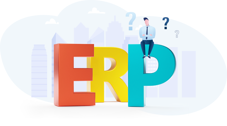 什么是ERP？ERP(企业资源计划)定义插画，企业管理者疑问示意图